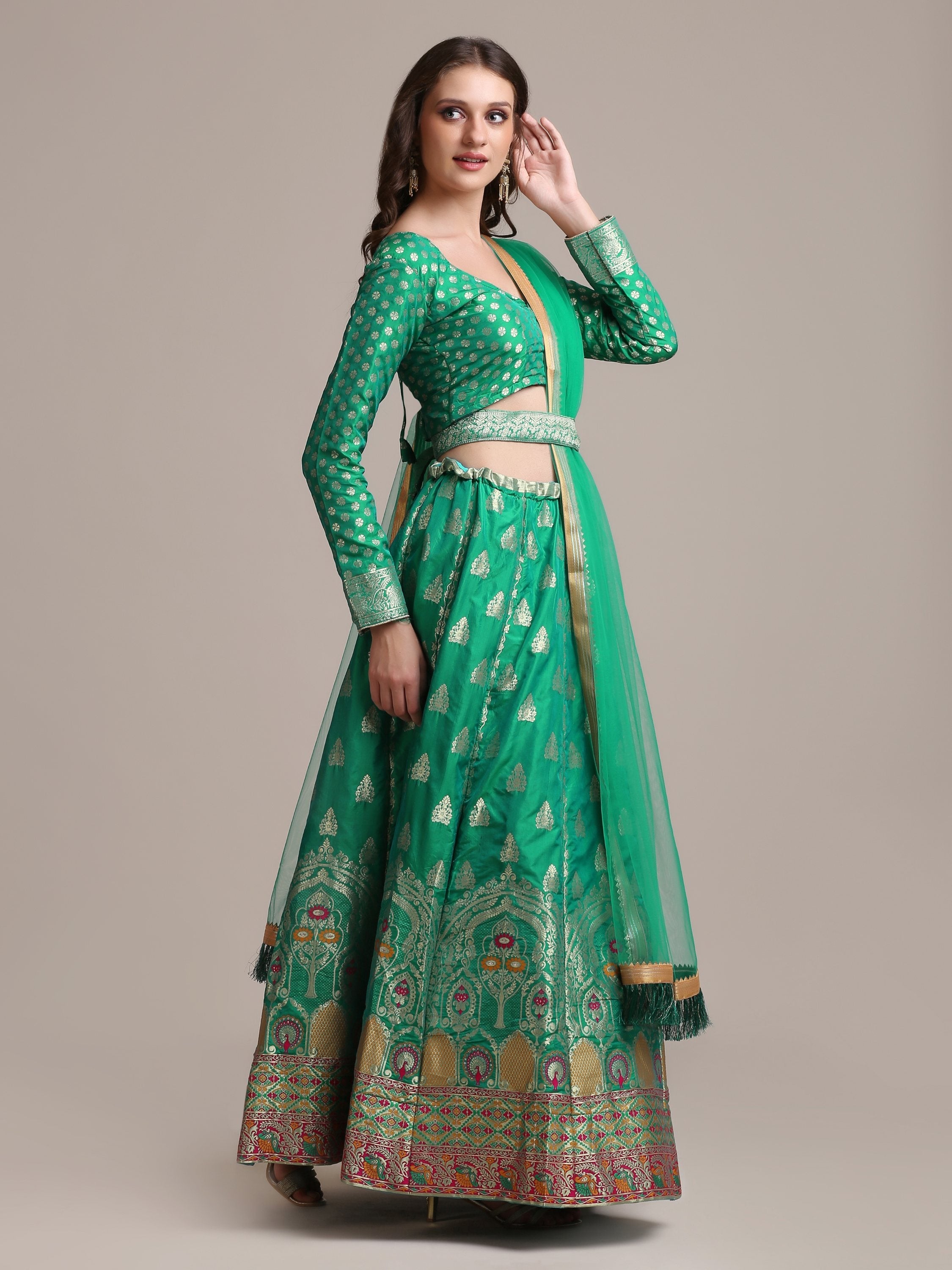 Jyoti Fashion Women's Rama Jacquard Silk Gold Woven Work Lehenga Choli with Dupatta