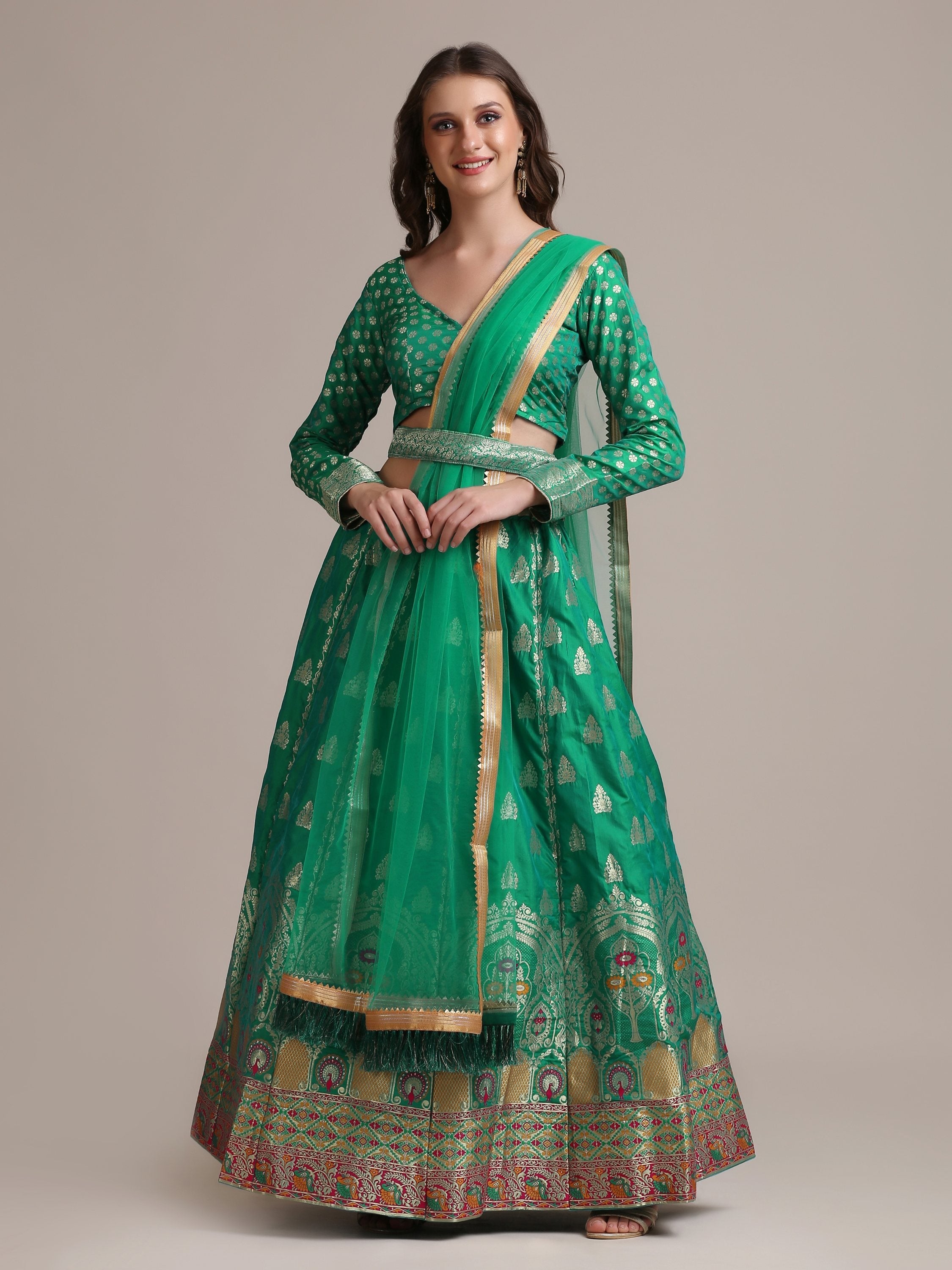 Jyoti Fashion Women's Rama Jacquard Silk Gold Woven Work Lehenga Choli with Dupatta