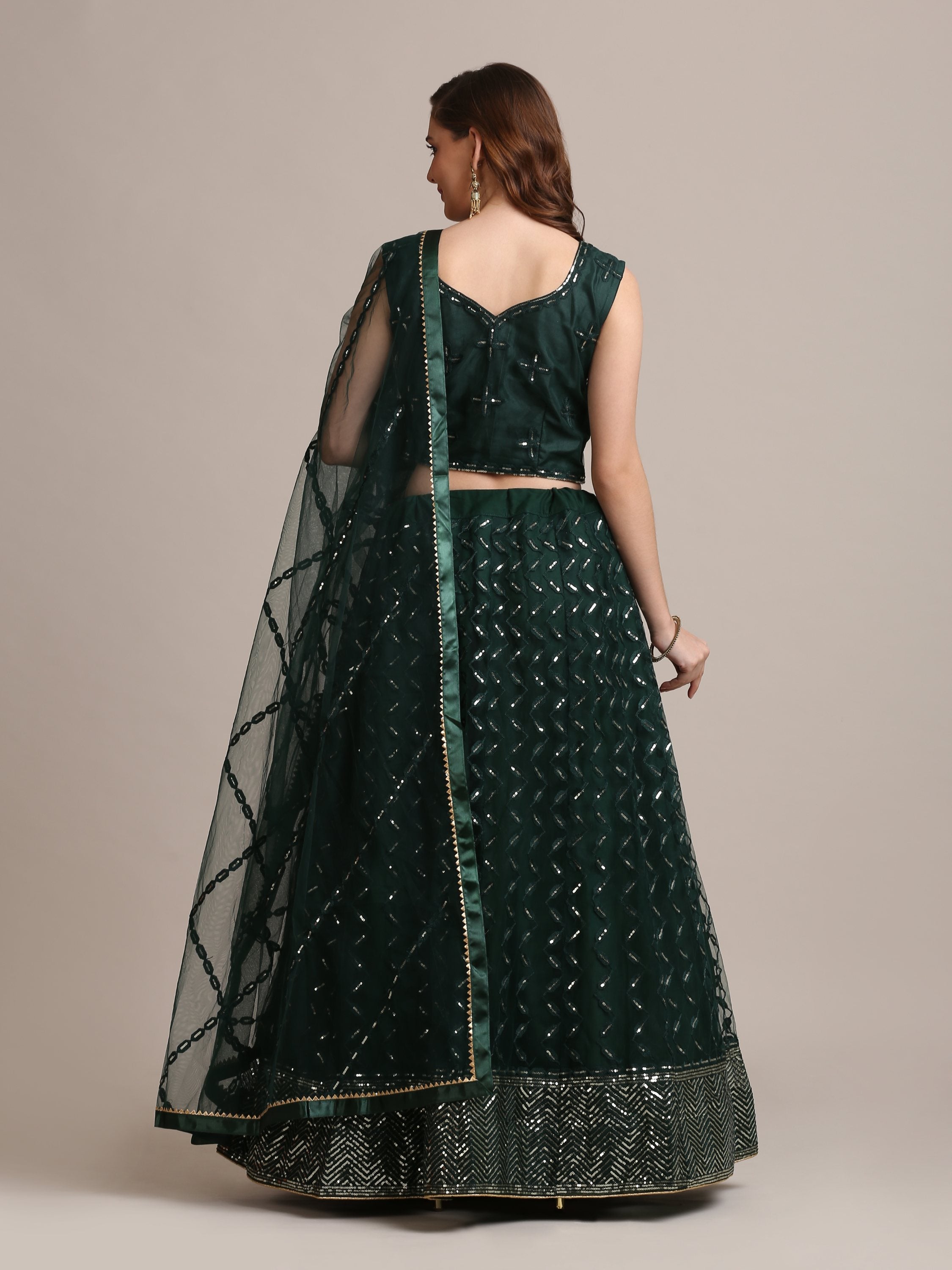 Jyoti Fashion Women's Dark Green Net Embellished Lehenga Choli with Dupatta