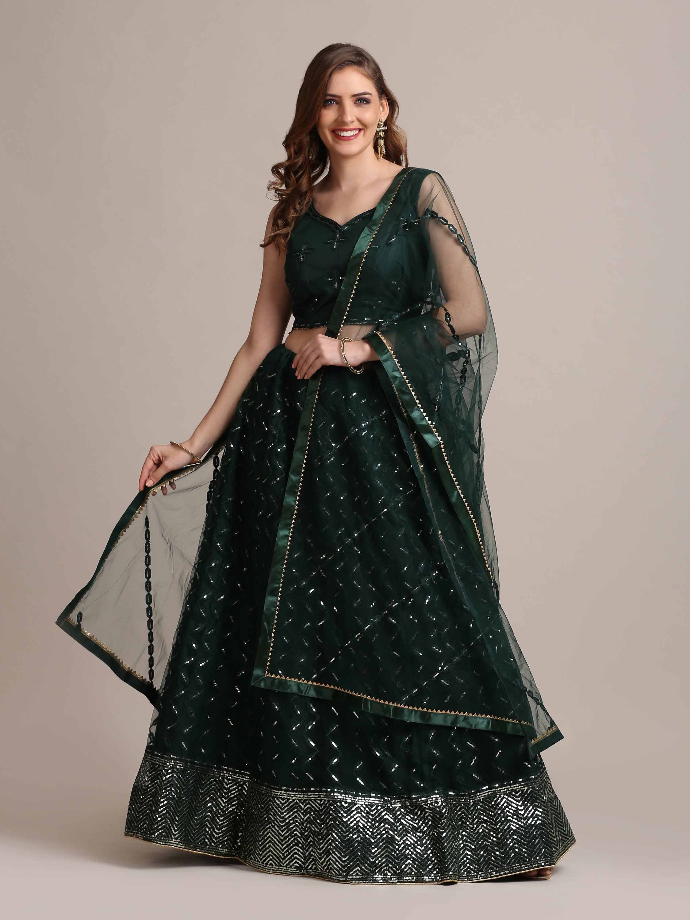 Jyoti Fashion Women's Dark Green Net Embellished Lehenga Choli with Dupatta