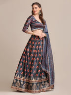 Jyoti Fashion Women's Dark Grey Jacquard Silk Floral Printed Lehenga Choli with Dupatta