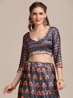 Jyoti Fashion Women's Dark Grey Jacquard Silk Floral Printed Lehenga Choli with Dupatta