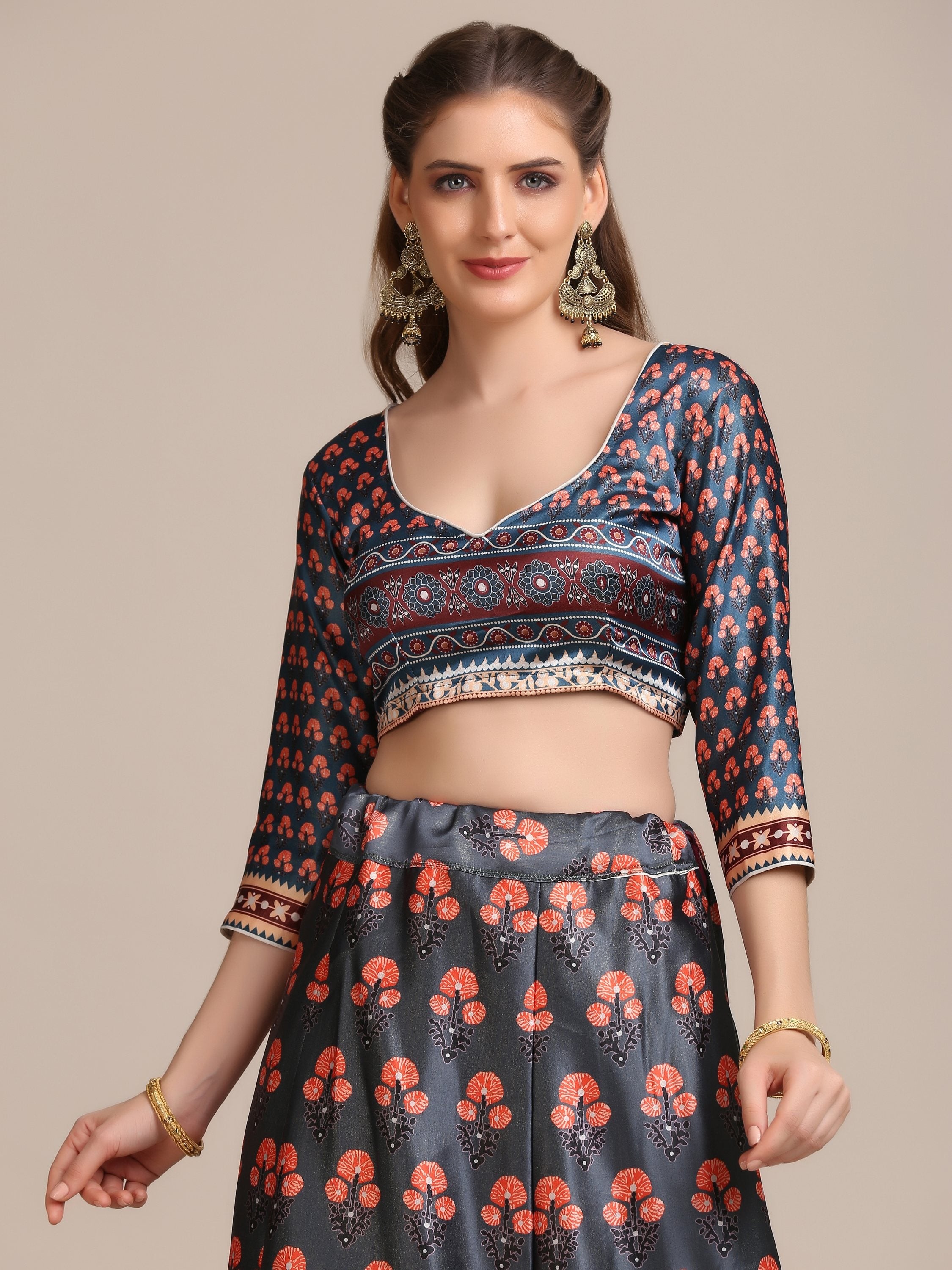 Jyoti Fashion Women's Dark Grey Jacquard Silk Floral Printed Lehenga Choli with Dupatta