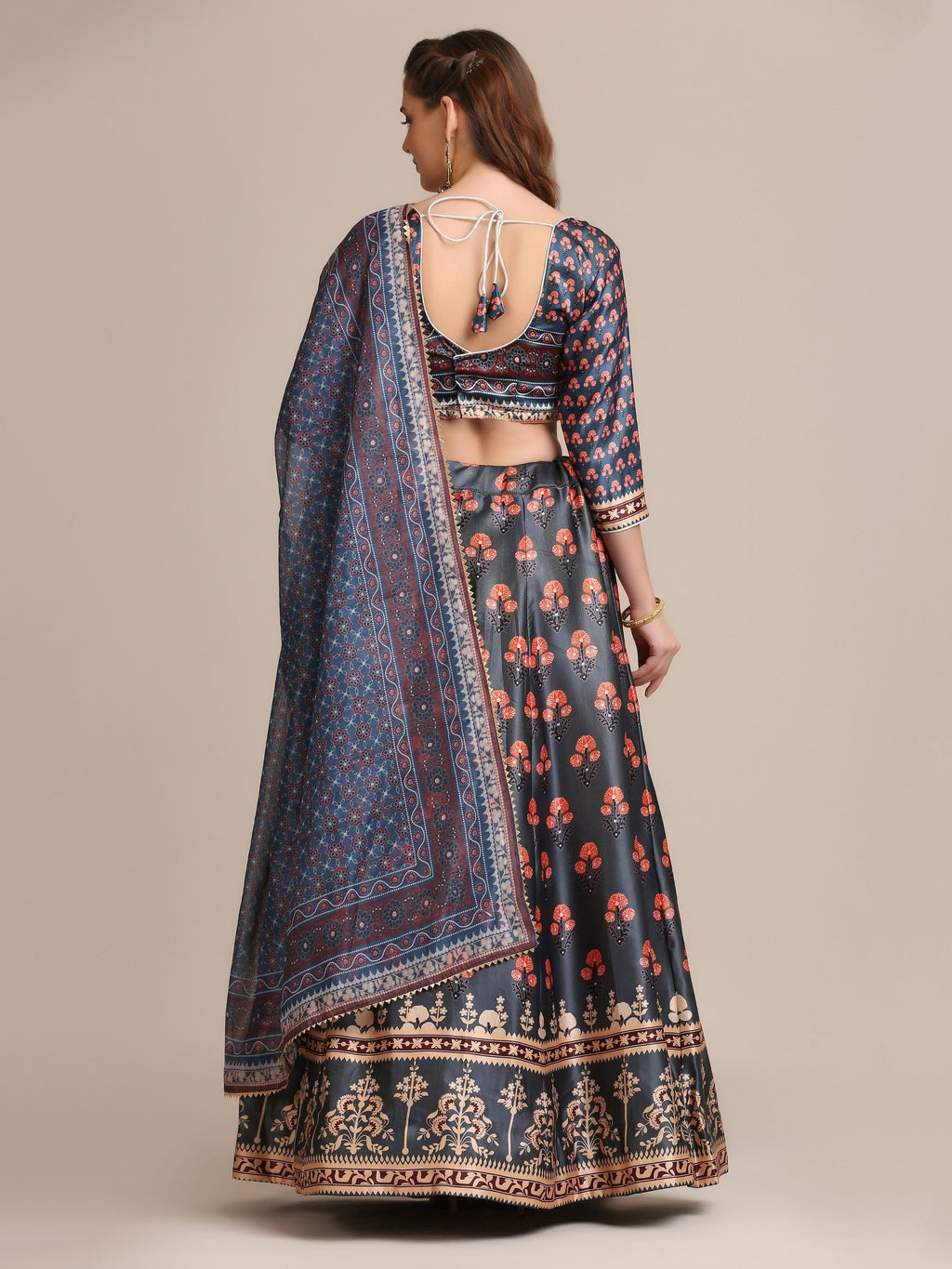 Jyoti Fashion Women's Dark Grey Jacquard Silk Floral Printed Lehenga Choli with Dupatta