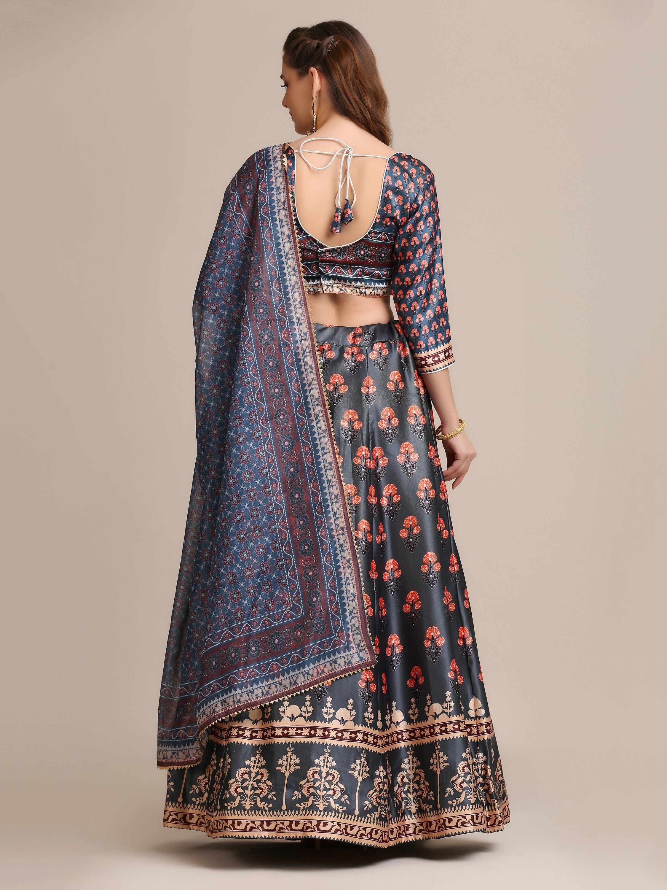 Jyoti Fashion Women's Dark Grey Jacquard Silk Floral Printed Lehenga Choli with Dupatta