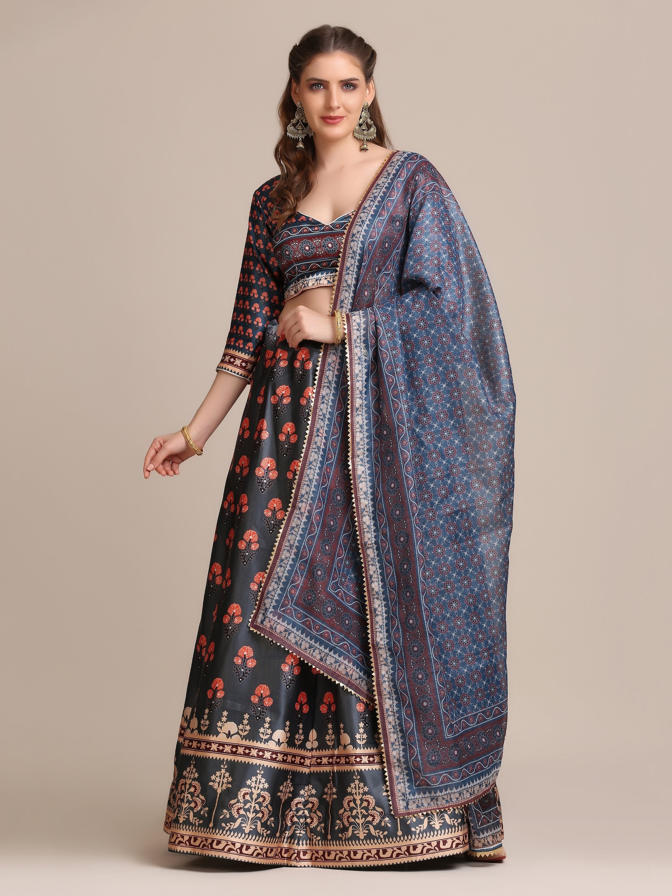 Jyoti Fashion Women's Dark Grey Jacquard Silk Floral Printed Lehenga Choli with Dupatta