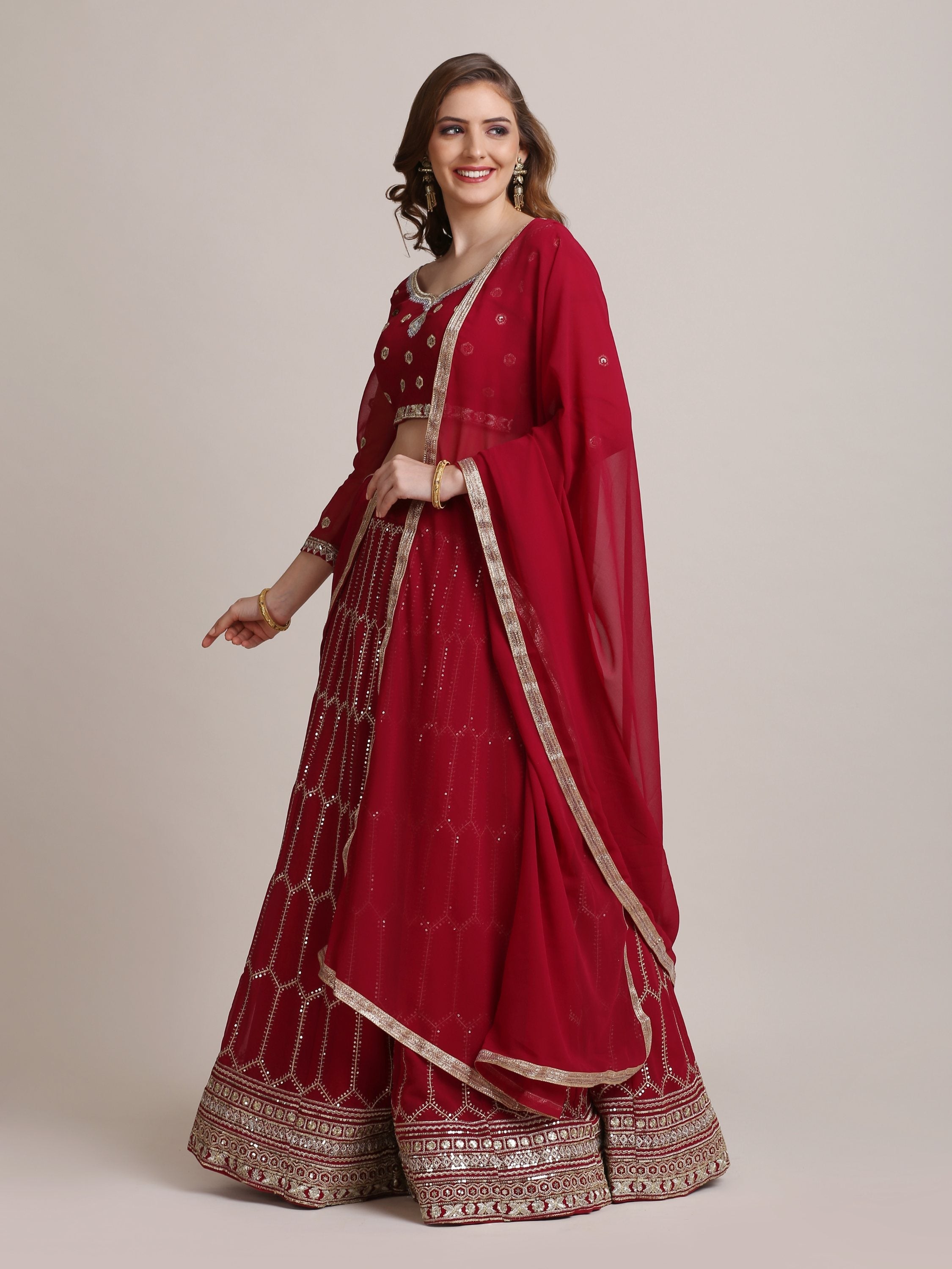 Jyoti Fashion Women's Maroon Georgette Sequins Lehenga Choli with Dupatta