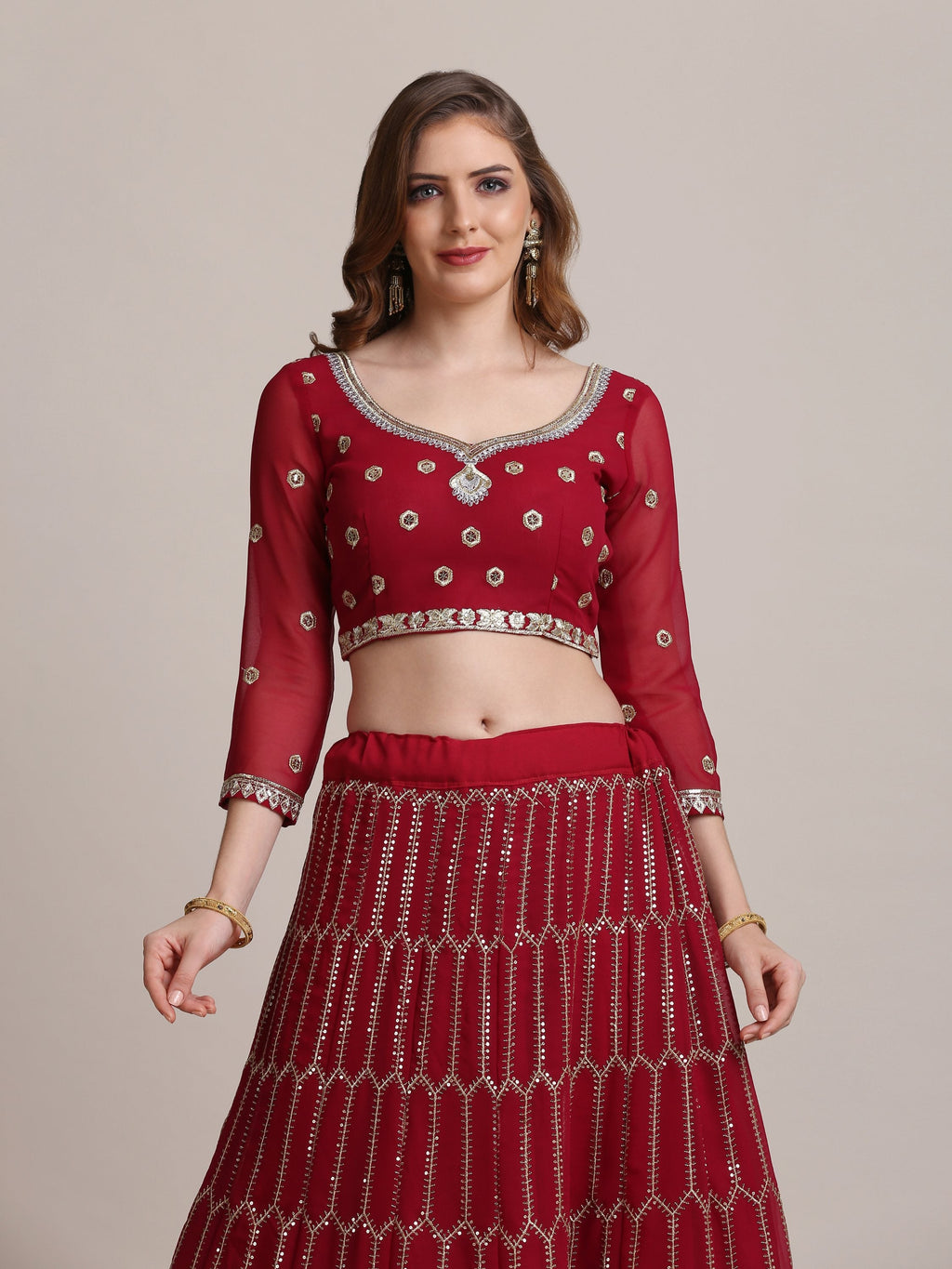 Jyoti Fashion Women's Maroon Georgette Sequins Lehenga Choli with Dupatta
