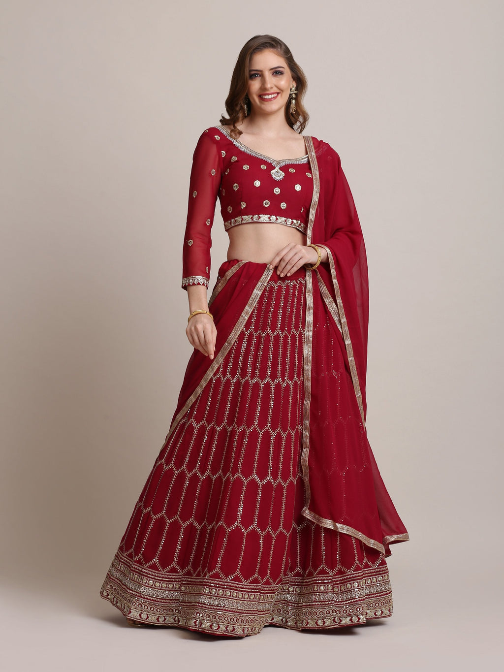 Jyoti Fashion Women's Maroon Georgette Sequins Lehenga Choli with Dupatta
