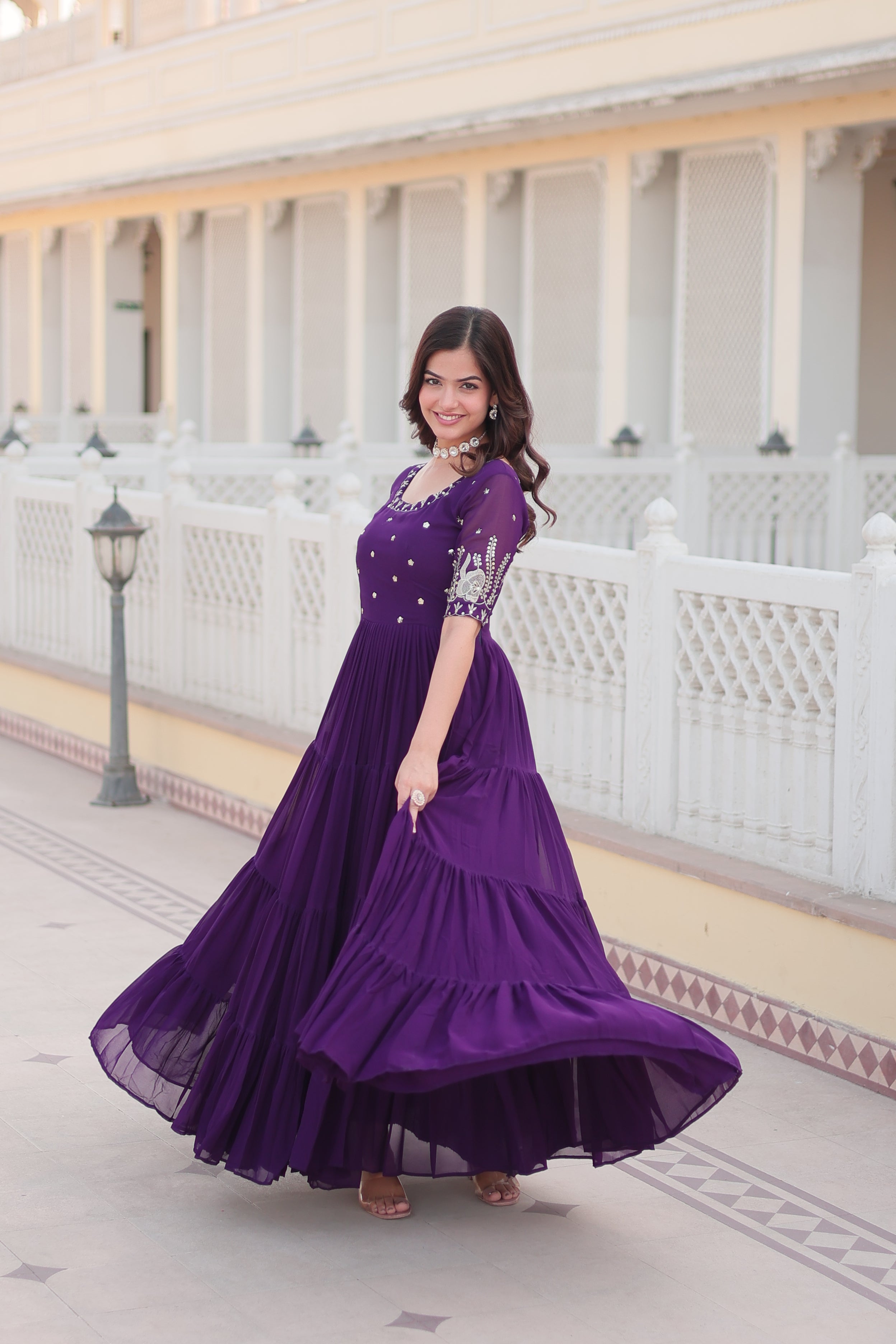 Jyoti Fashion Women's Purple Faux Blooming Sequins with Zari Embroidered Long Anarkali Dress