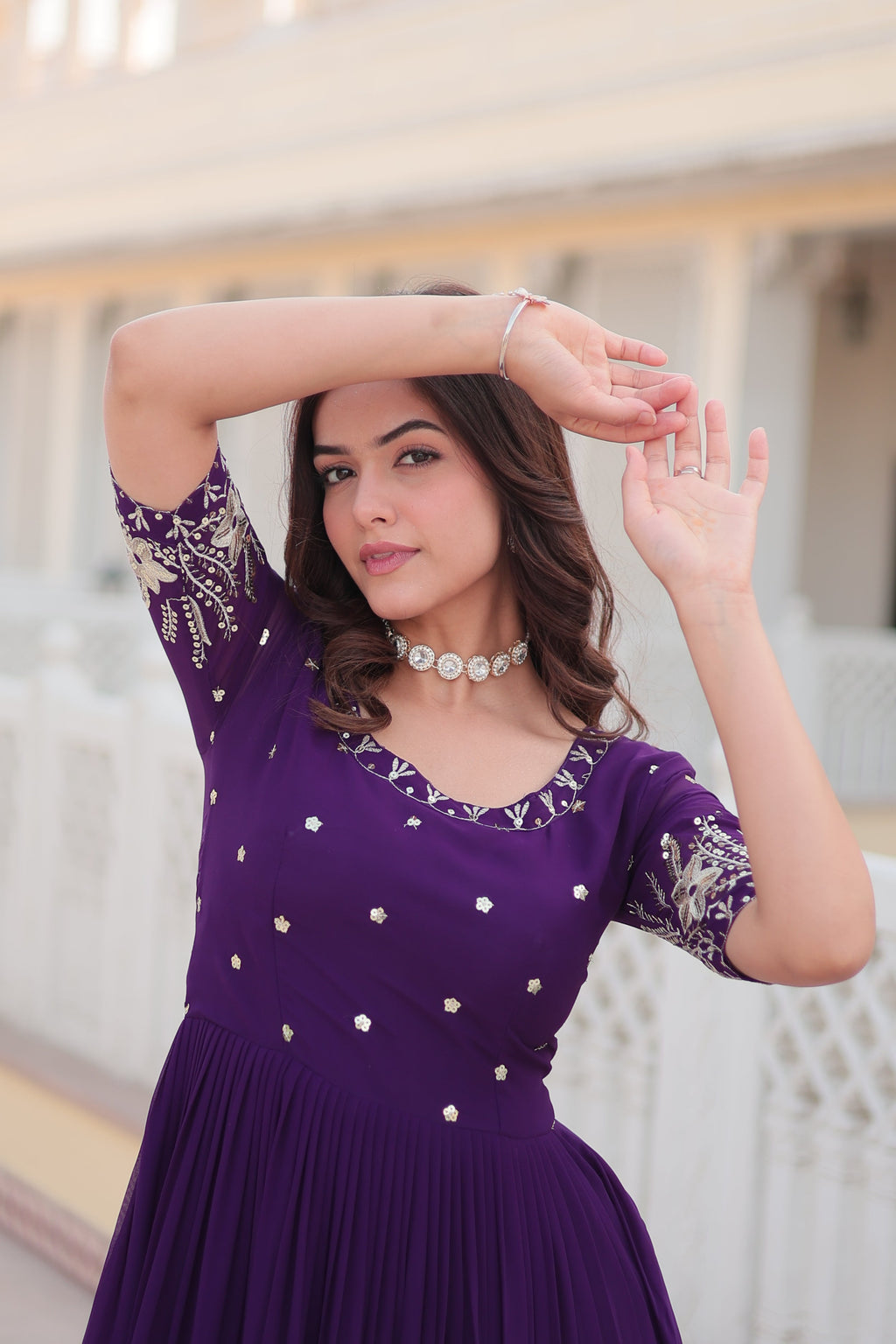 Jyoti Fashion Women's Purple Faux Blooming Sequins with Zari Embroidered Long Anarkali Dress