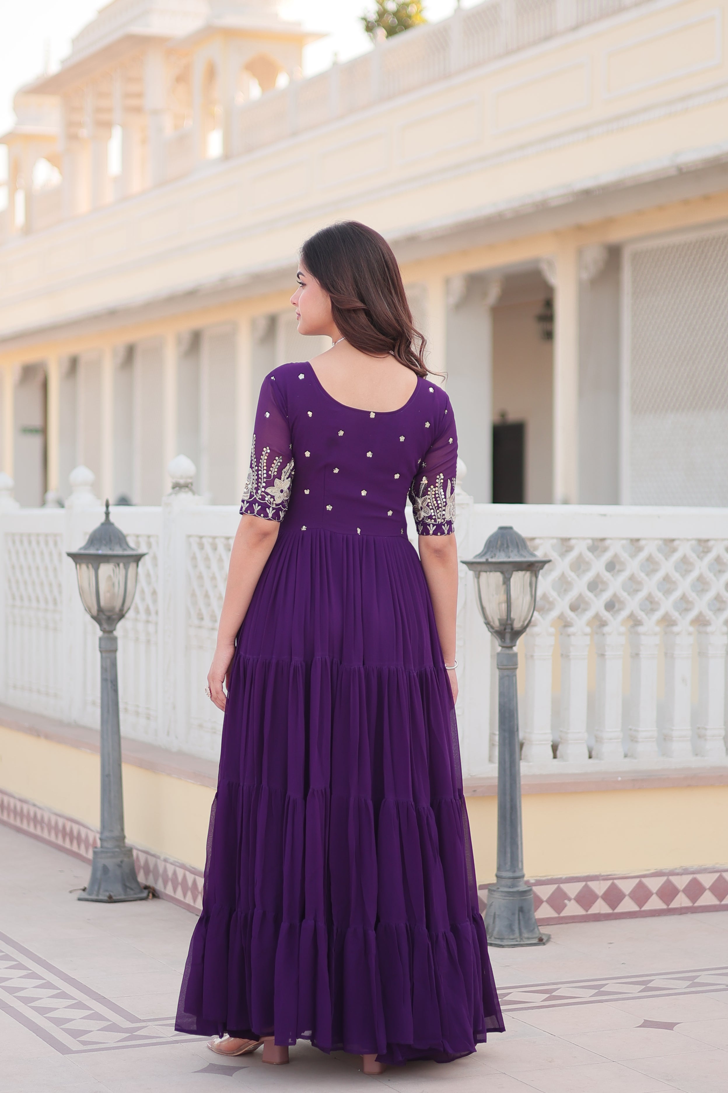 Jyoti Fashion Women's Purple Faux Blooming Sequins with Zari Embroidered Long Anarkali Dress