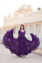 Jyoti Fashion Women's Purple Faux Blooming Sequins with Zari Embroidered Long Anarkali Dress