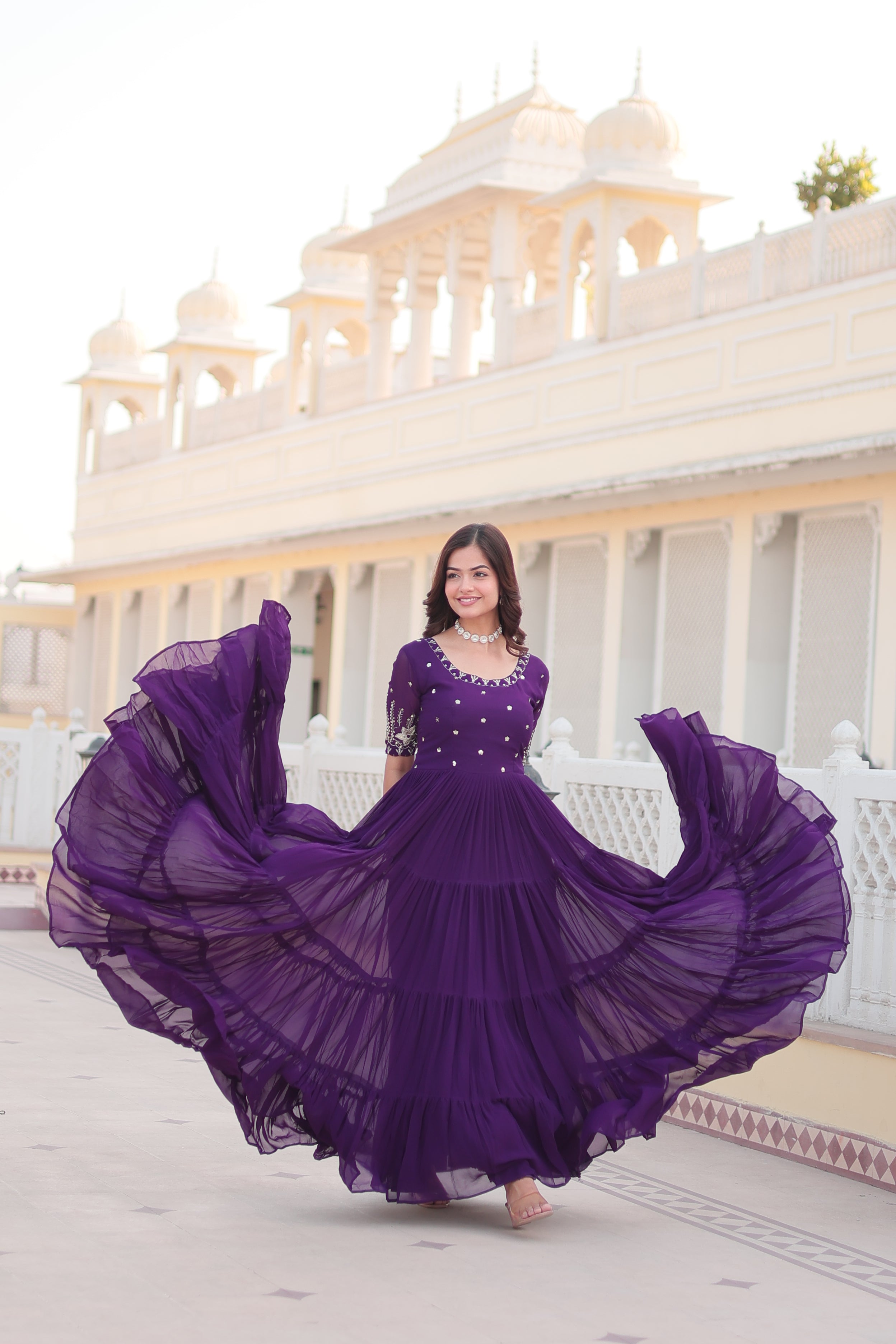 Jyoti Fashion Women's Purple Faux Blooming Sequins with Zari Embroidered Long Anarkali Dress