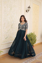 Jyoti Fashion Women's Rama Faux Blooming Sequins with Zari Embroidered Long Anarkali Dress