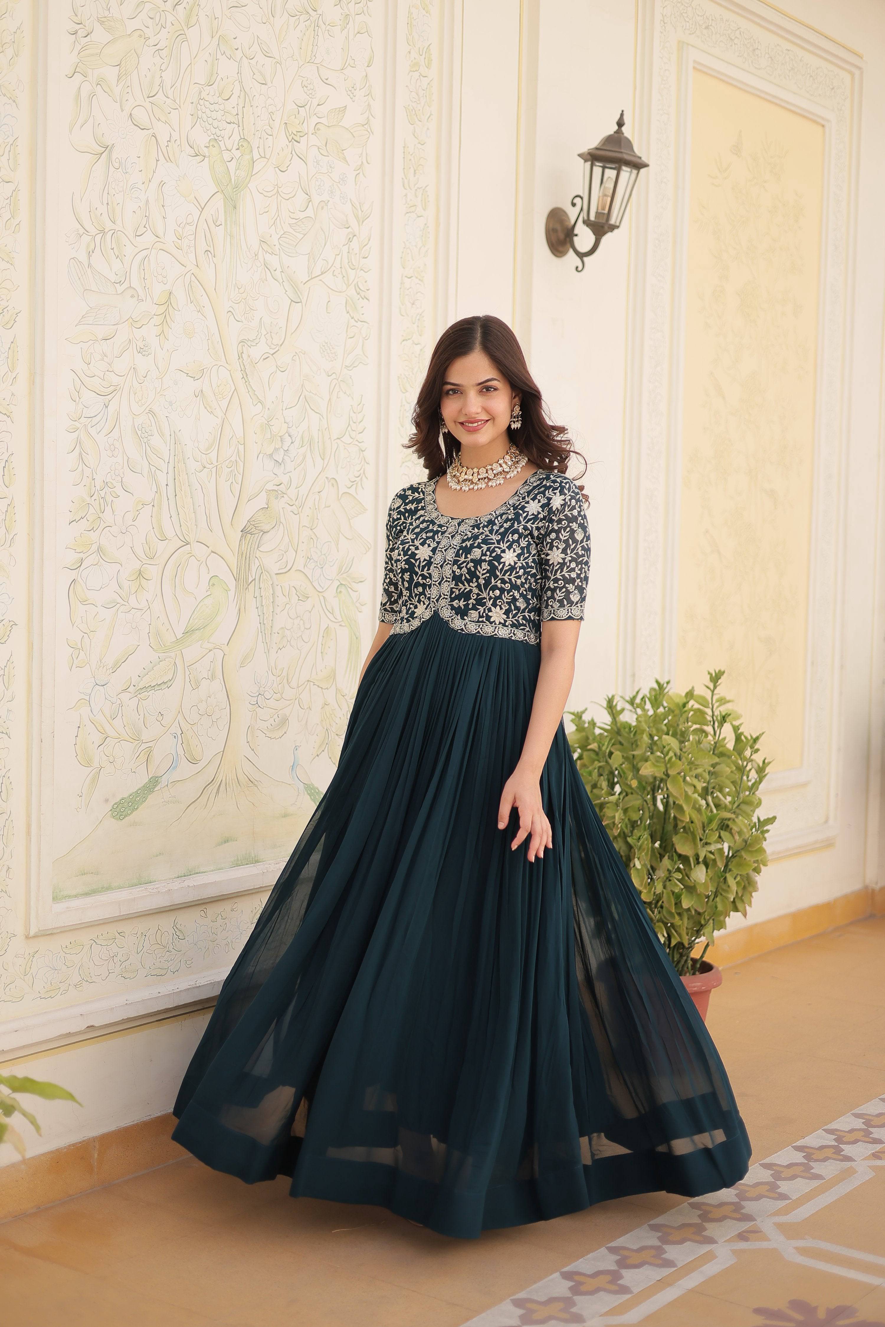 Jyoti Fashion Women's Rama Faux Blooming Sequins with Zari Embroidered Long Anarkali Dress
