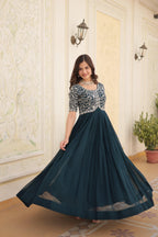 Jyoti Fashion Women's Rama Faux Blooming Sequins with Zari Embroidered Long Anarkali Dress
