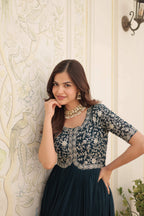 Jyoti Fashion Women's Rama Faux Blooming Sequins with Zari Embroidered Long Anarkali Dress
