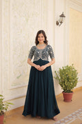 Jyoti Fashion Women's Rama Faux Blooming Sequins with Zari Embroidered Long Anarkali Dress