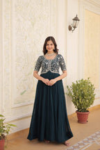 Jyoti Fashion Women's Rama Faux Blooming Sequins with Zari Embroidered Long Anarkali Dress