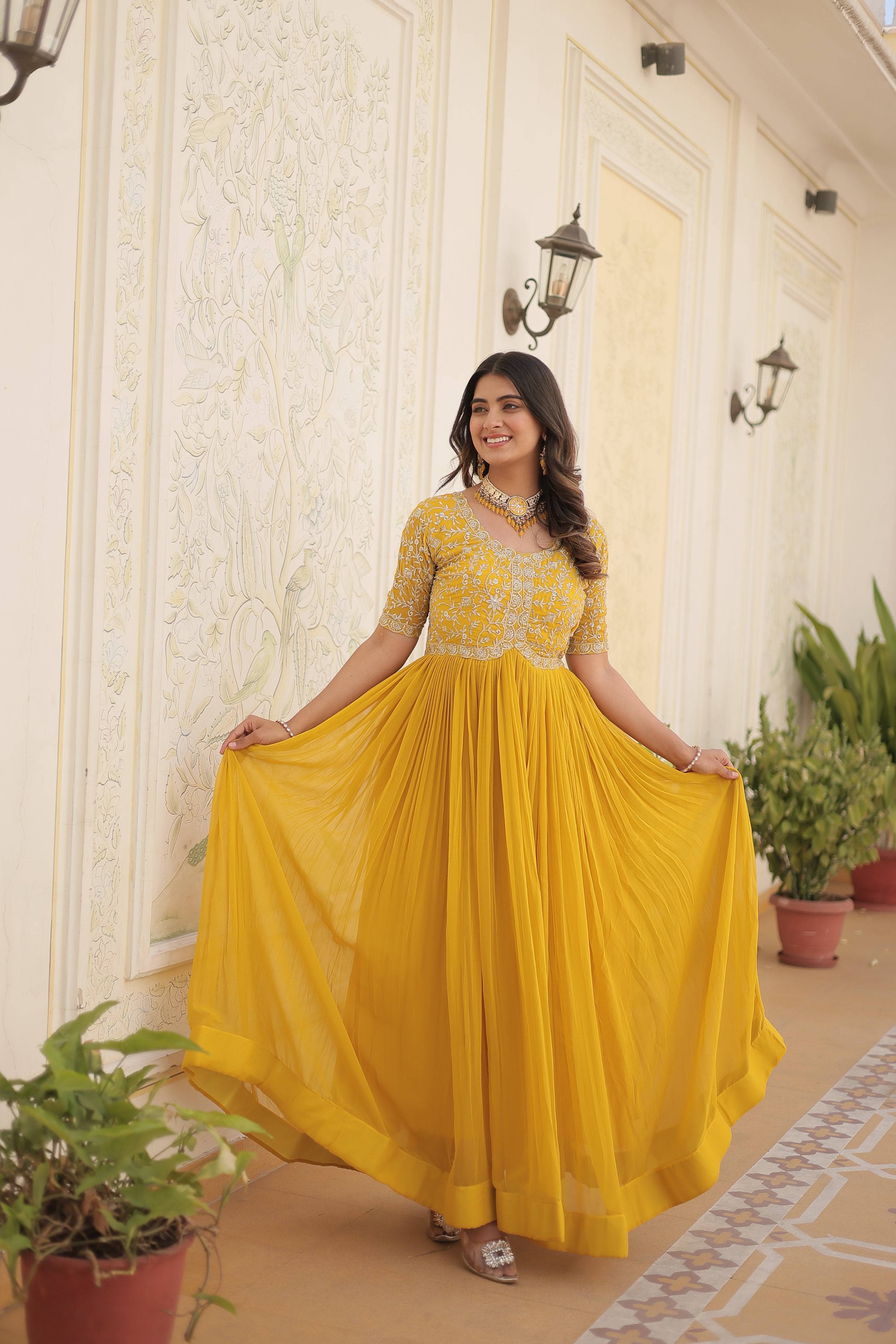 Jyoti Fashion Women's Yellow Faux Blooming Sequins with Zari Embroidered Long Anarkali Dress