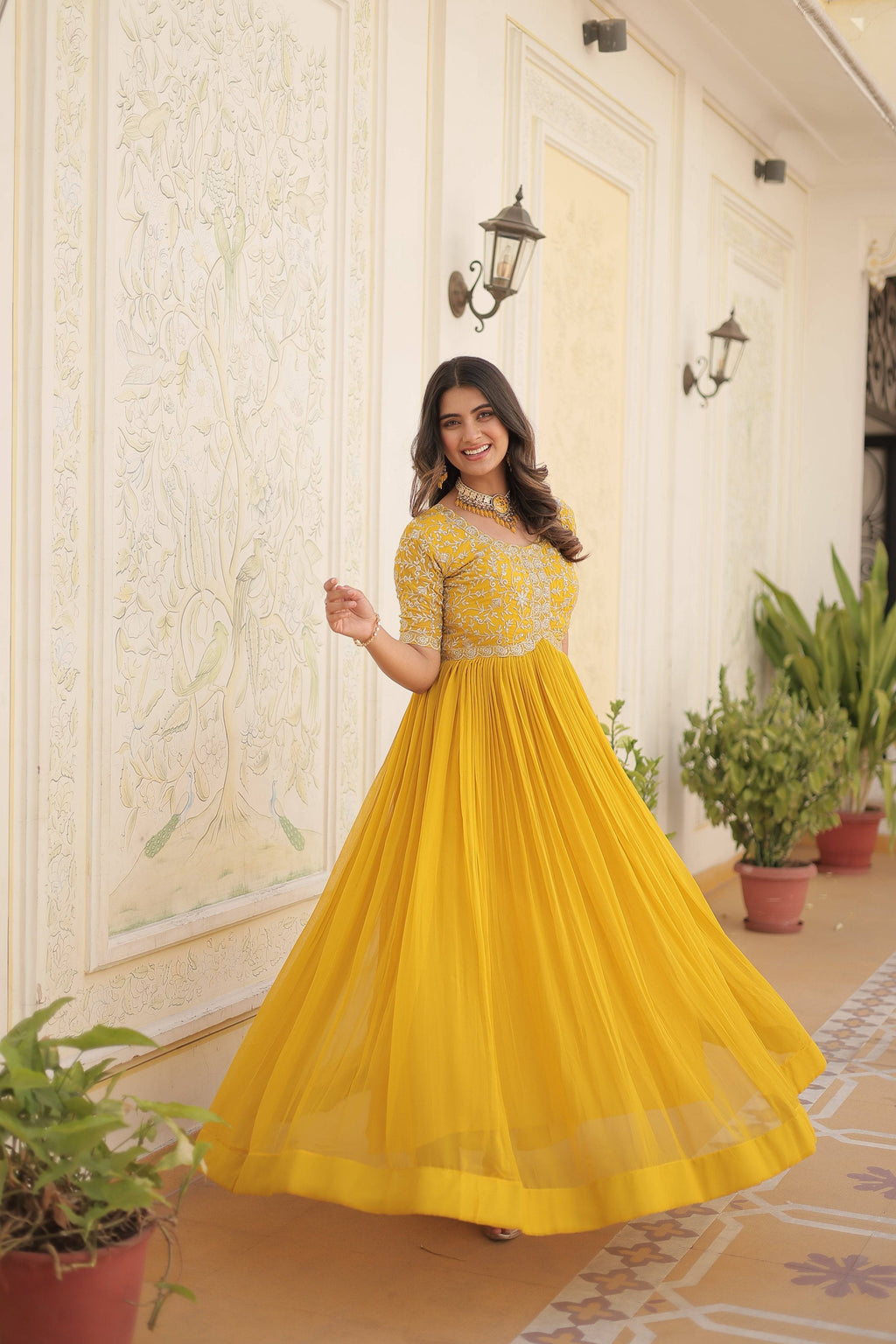 Jyoti Fashion Women's Yellow Faux Blooming Sequins with Zari Embroidered Long Anarkali Dress