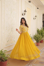 Jyoti Fashion Women's Yellow Faux Blooming Sequins with Zari Embroidered Long Anarkali Dress