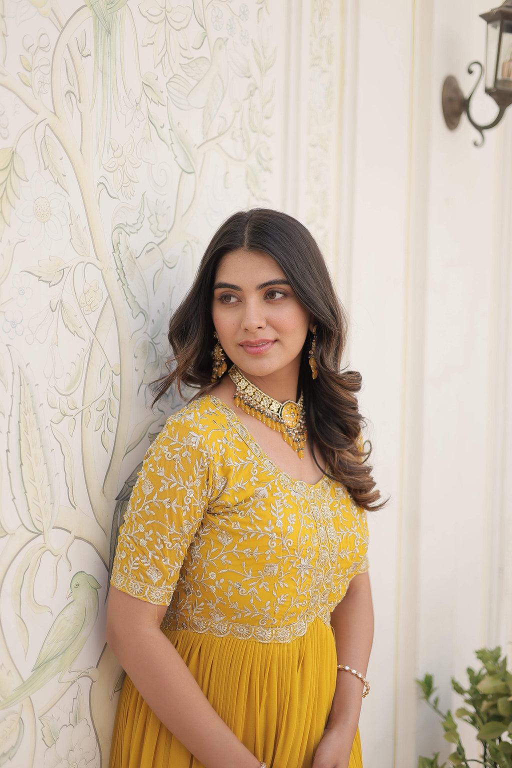 Jyoti Fashion Women's Yellow Faux Blooming Sequins with Zari Embroidered Long Anarkali Dress
