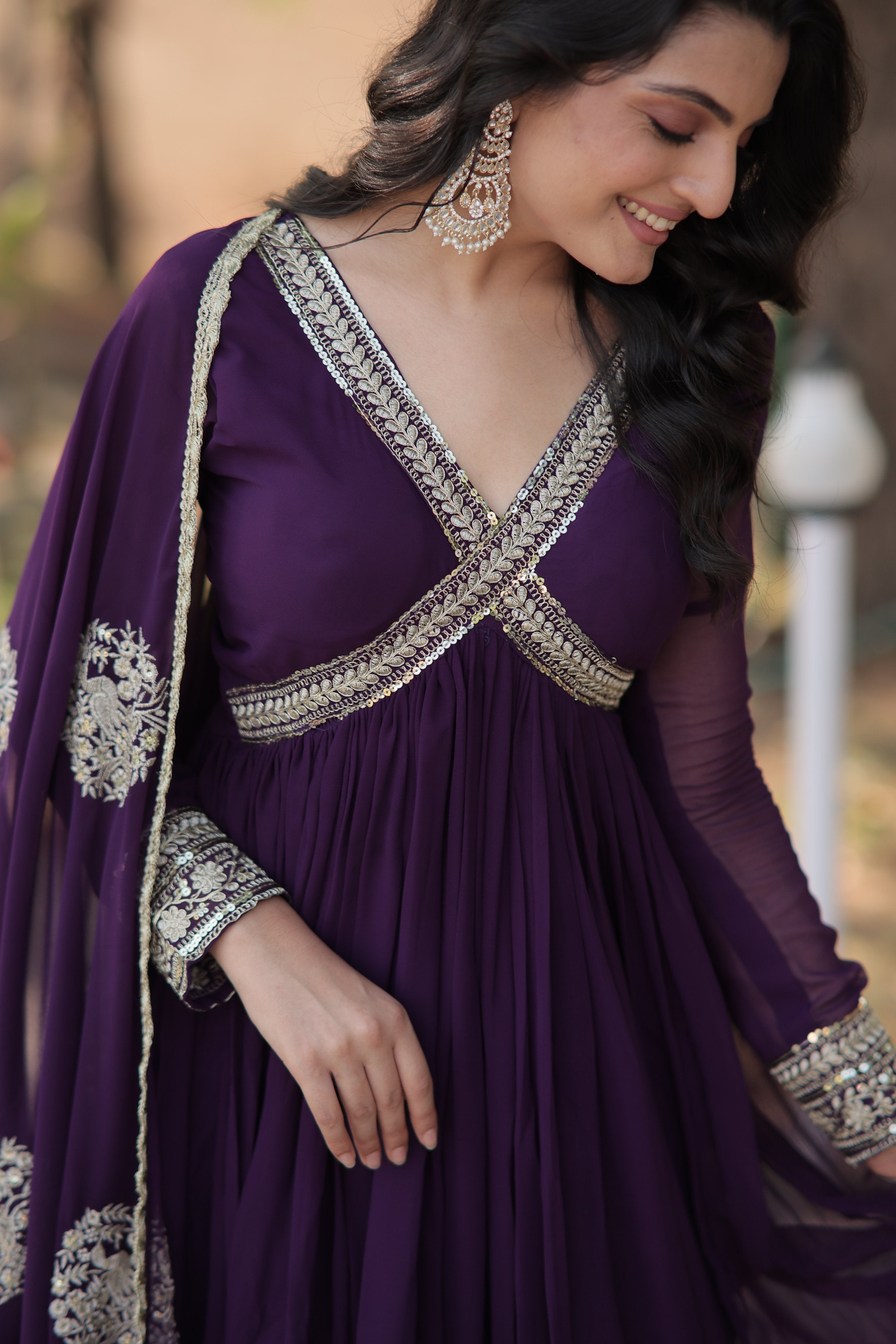Jyoti Fashion Women's Purple Faux Blooming Sequins with Zari Embroidered Anarkali Kurta with Dupatta
