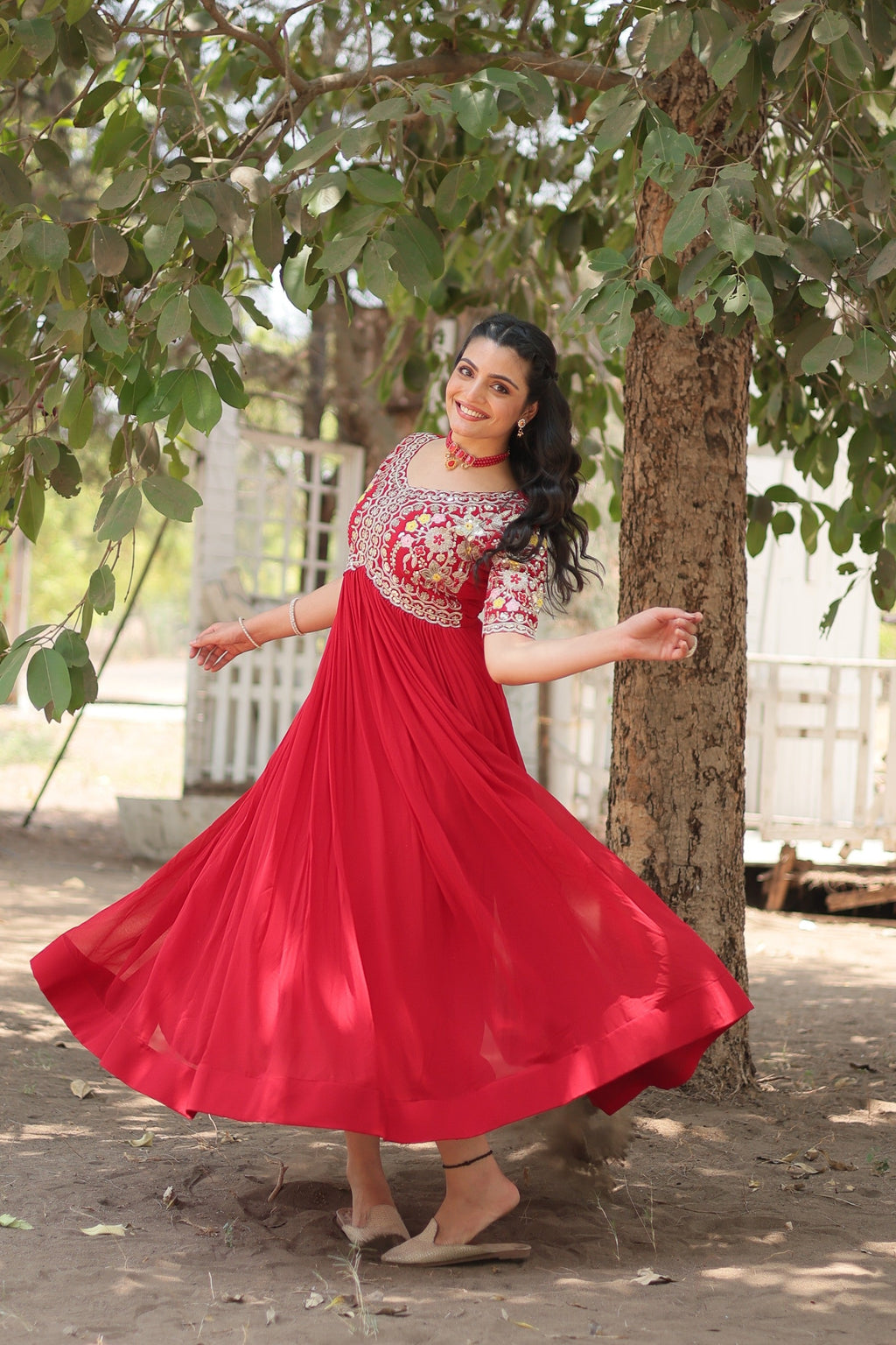 Jyoti Fashion Women's Red Faux Blooming Sequins with Zari Embroidered Long Anarkali Dress