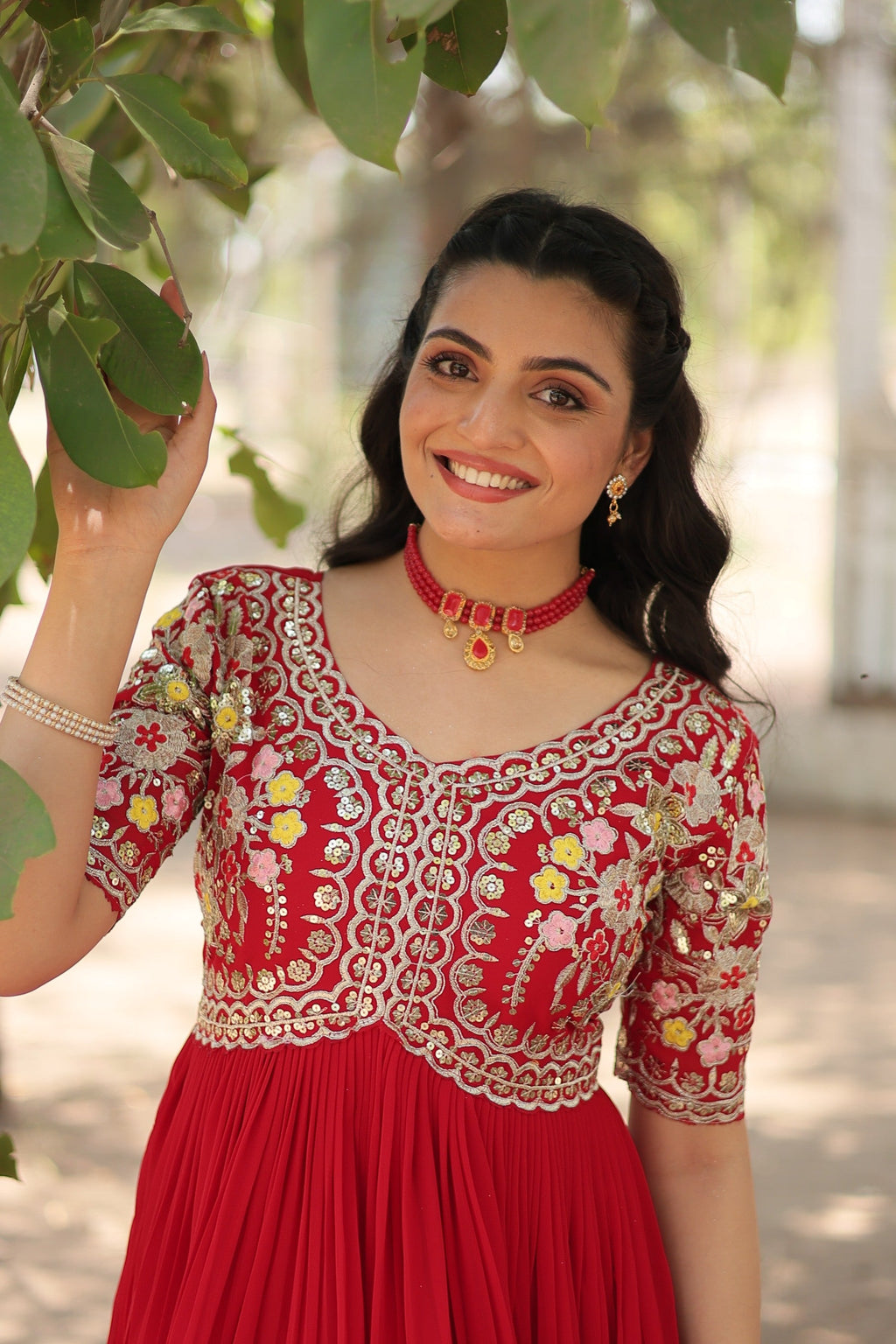 Jyoti Fashion Women's Red Faux Blooming Sequins with Zari Embroidered Long Anarkali Dress