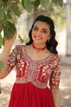 Jyoti Fashion Women's Red Faux Blooming Sequins with Zari Embroidered Long Anarkali Dress