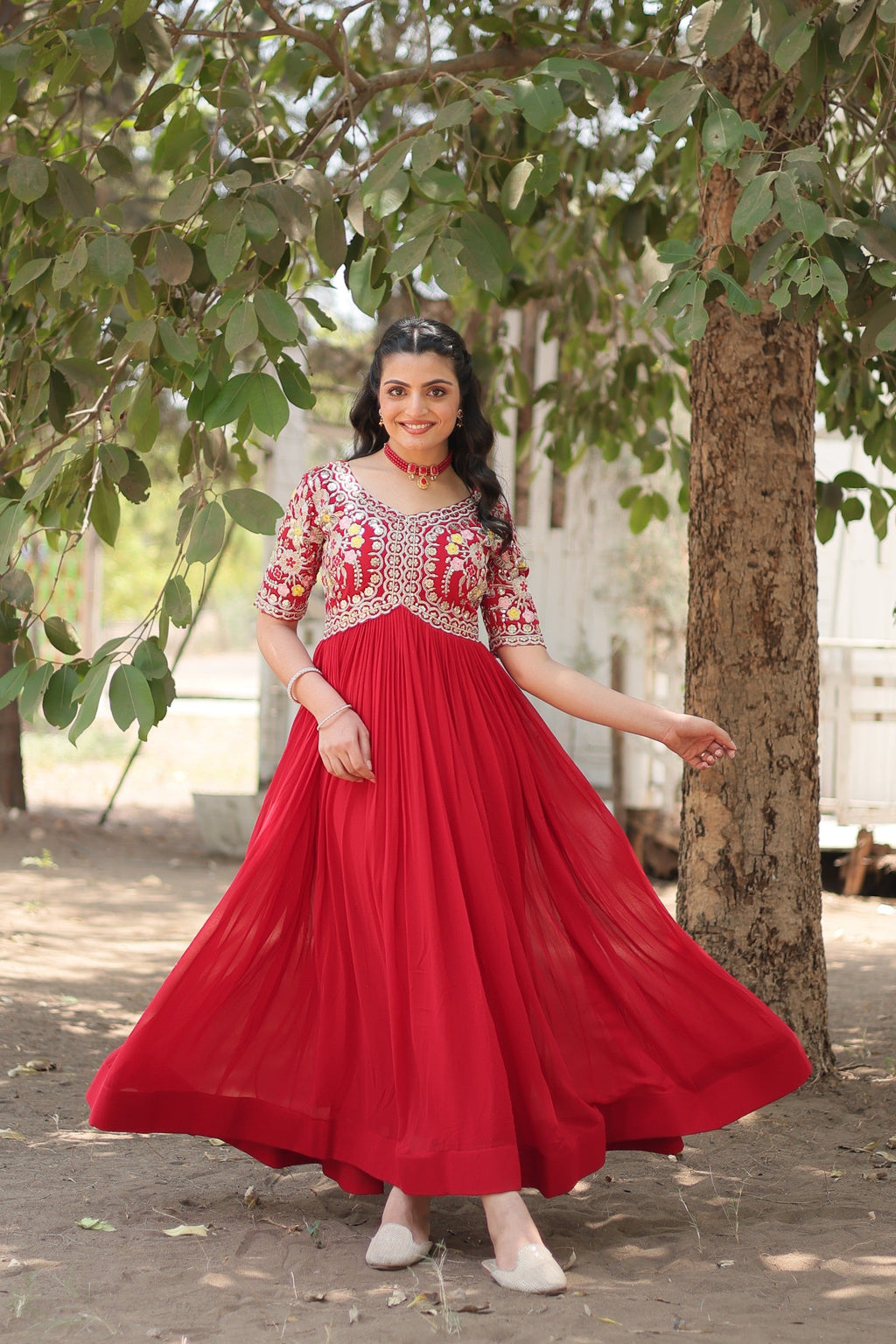 Jyoti Fashion Women's Red Faux Blooming Sequins with Zari Embroidered Long Anarkali Dress