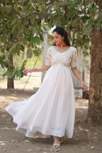 Jyoti Fashion Women's White Faux Blooming Sequins with Zari Embroidered Long Anarkali Dress