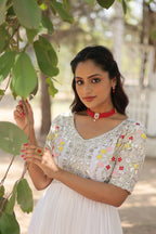 Jyoti Fashion Women's White Faux Blooming Sequins with Zari Embroidered Long Anarkali Dress