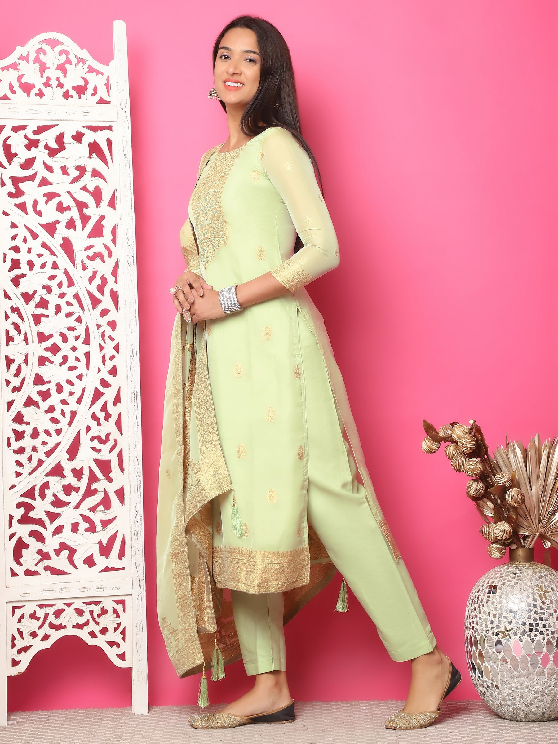 Jyoti Fashion Women's Pista Green Silk Jacquard Woven with Hand Work Salwar Suit Set
