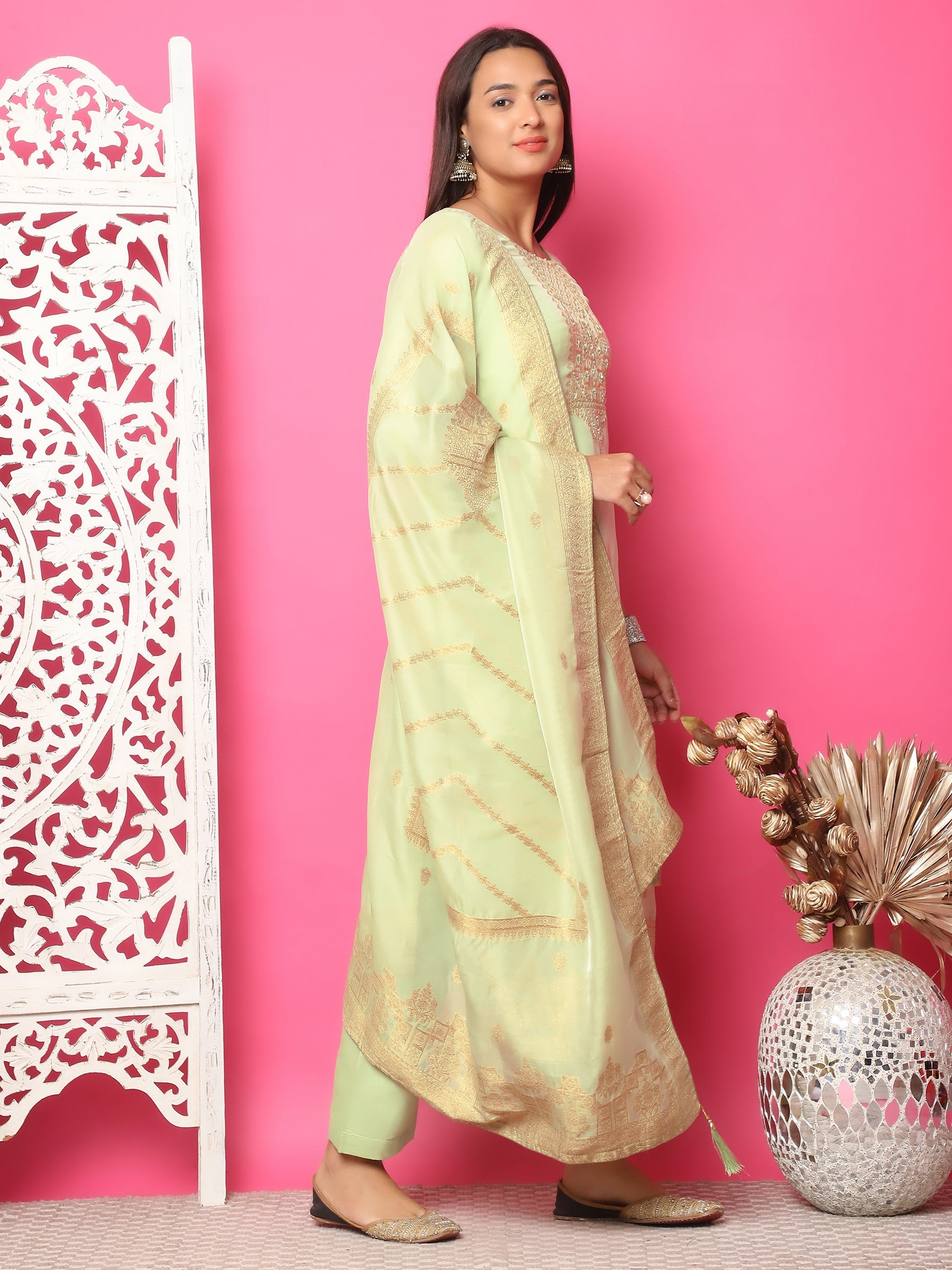 Jyoti Fashion Women's Pista Green Silk Jacquard Woven with Hand Work Salwar Suit Set