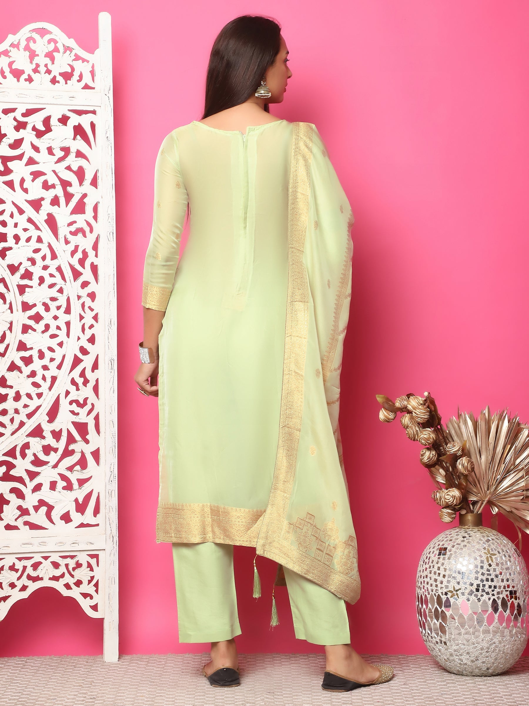 Jyoti Fashion Women's Pista Green Silk Jacquard Woven with Hand Work Salwar Suit Set