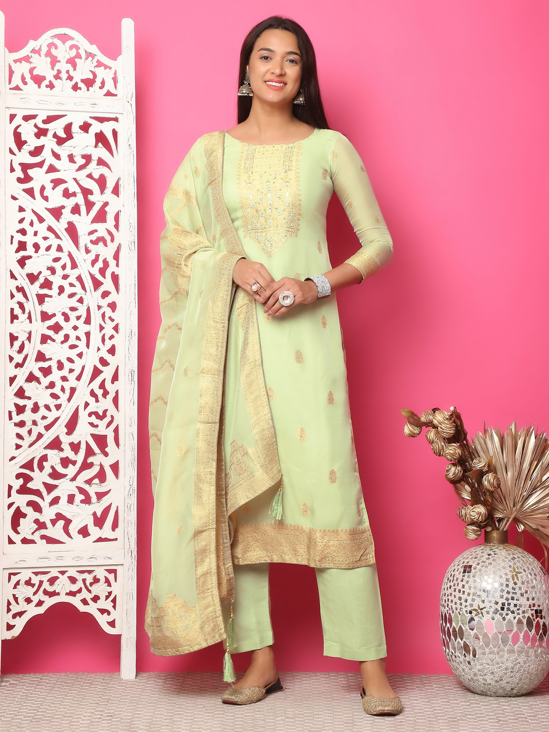 Jyoti Fashion Women's Pista Green Silk Jacquard Woven with Hand Work Salwar Suit Set