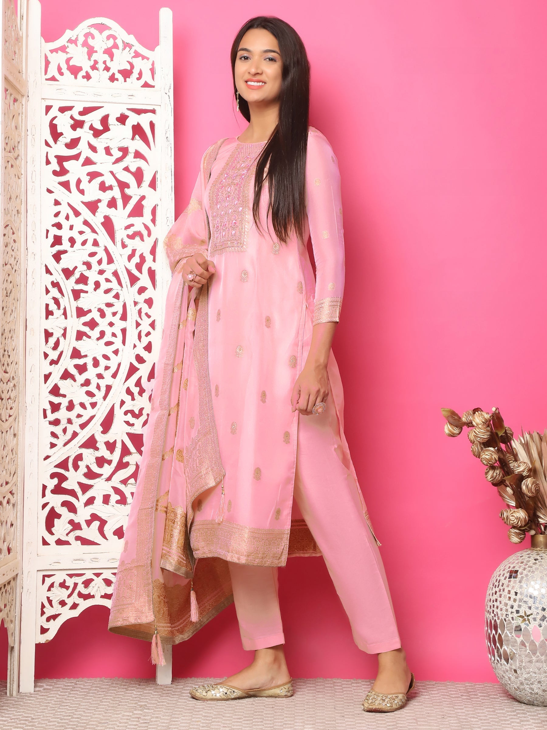 Jyoti Fashion Women's Pink Silk Jacquard Woven with Hand Work Salwar Suit Set