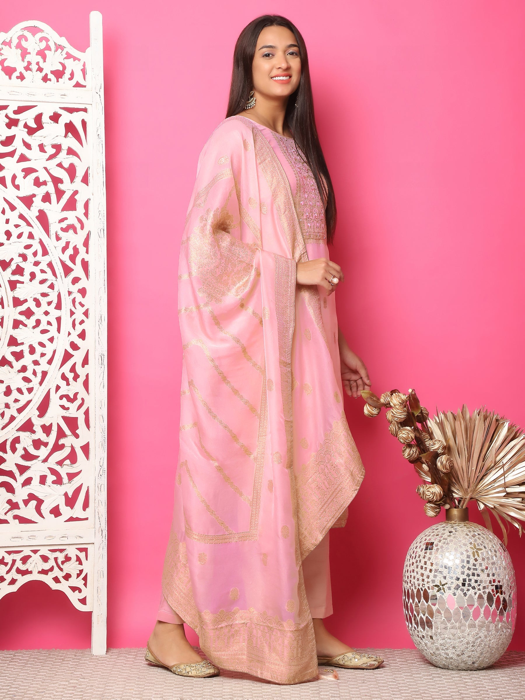 Jyoti Fashion Women's Pink Silk Jacquard Woven with Hand Work Salwar Suit Set