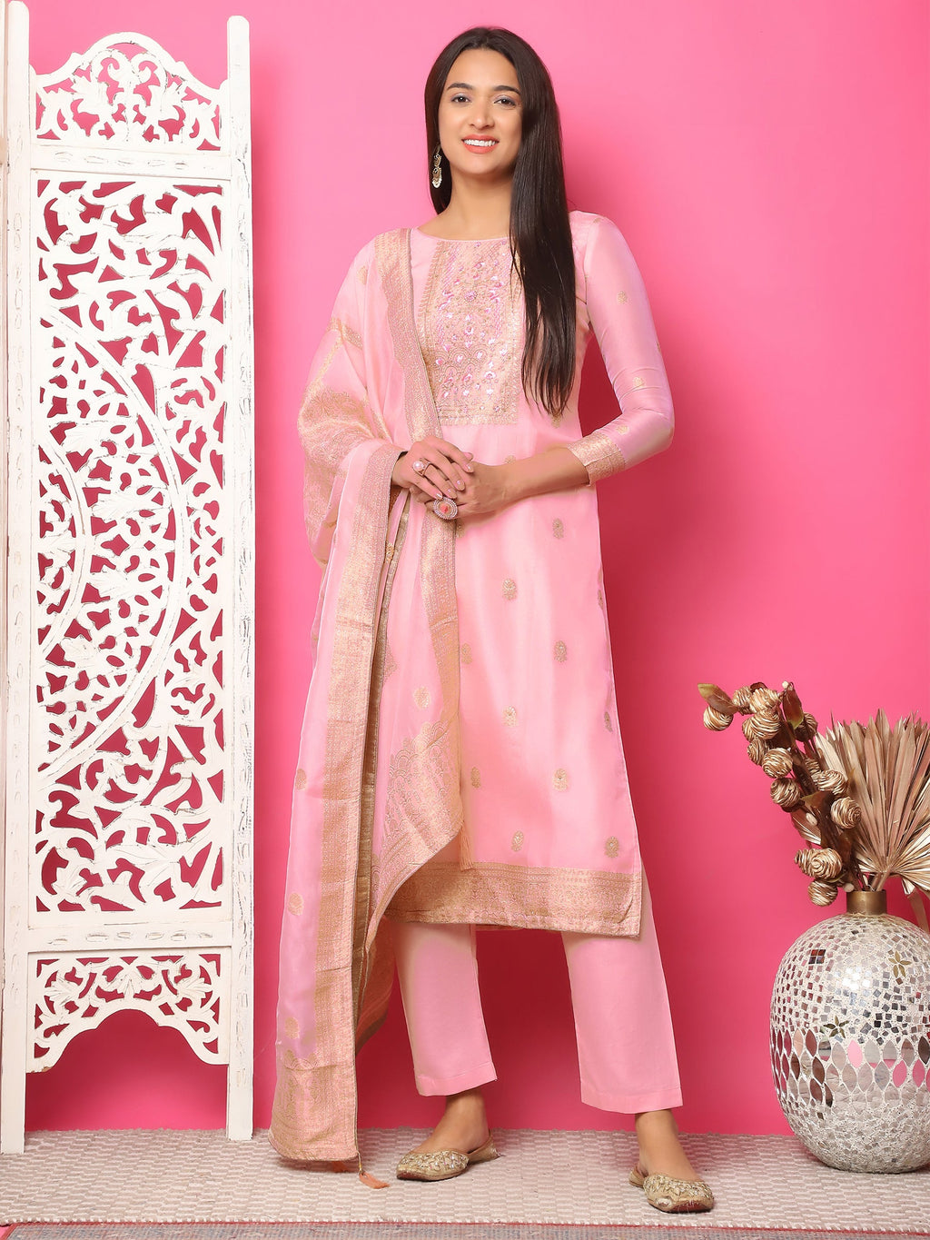 Jyoti Fashion Women's Pink Silk Jacquard Woven with Hand Work Salwar Suit Set