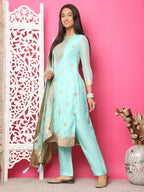 Jyoti Fashion Women's Turquoise Silk Jacquard Woven with Hand Work Salwar Suit Set