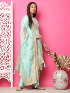 Jyoti Fashion Women's Turquoise Silk Jacquard Woven with Hand Work Salwar Suit Set