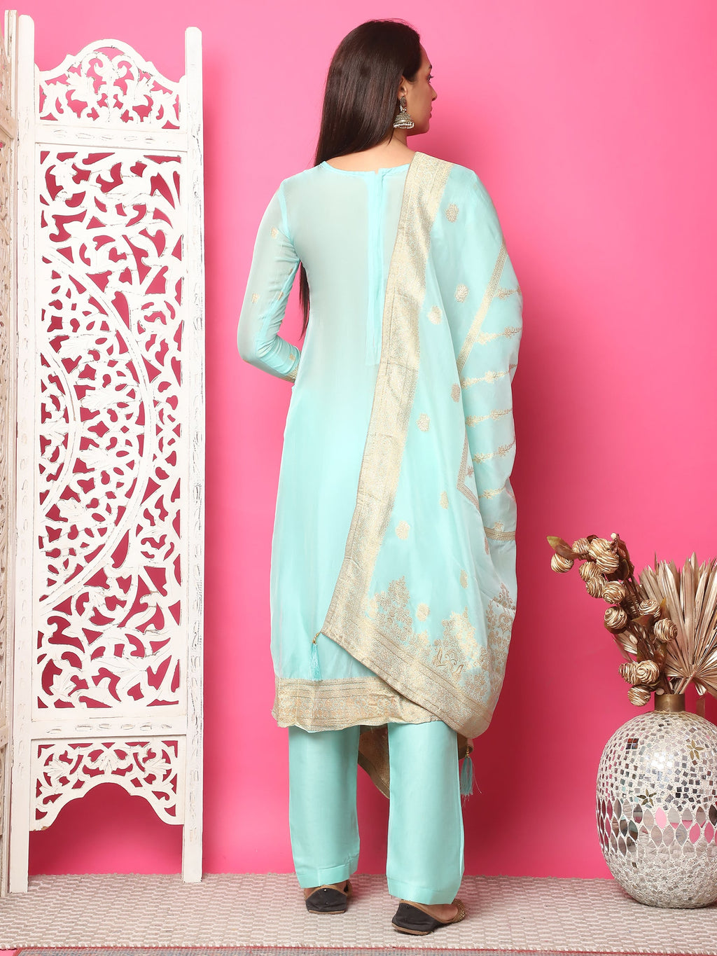 Jyoti Fashion Women's Turquoise Silk Jacquard Woven with Hand Work Salwar Suit Set