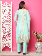 Jyoti Fashion Women's Turquoise Silk Jacquard Woven with Hand Work Salwar Suit Set