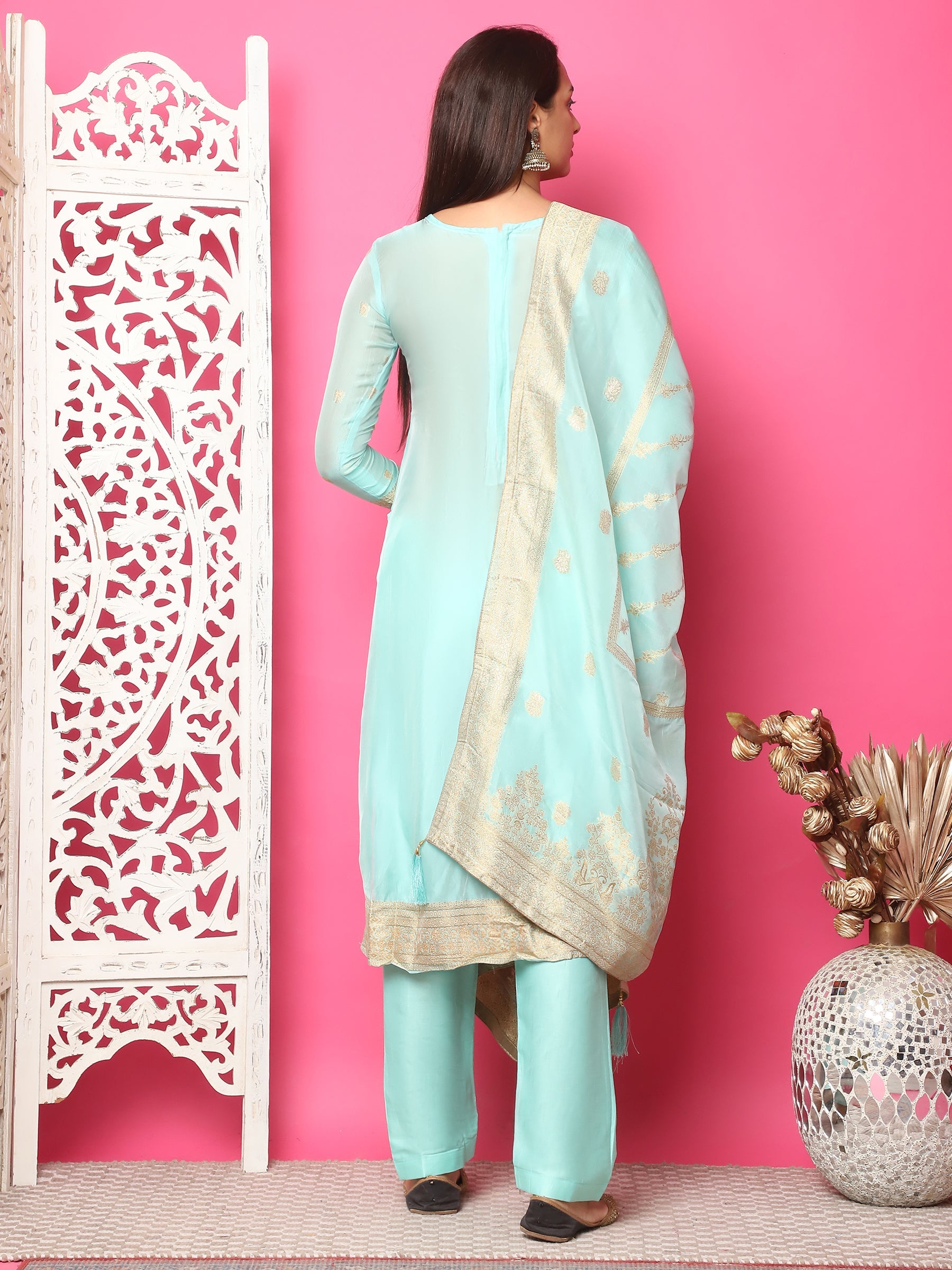 Jyoti Fashion Women's Turquoise Silk Jacquard Woven with Hand Work Salwar Suit Set