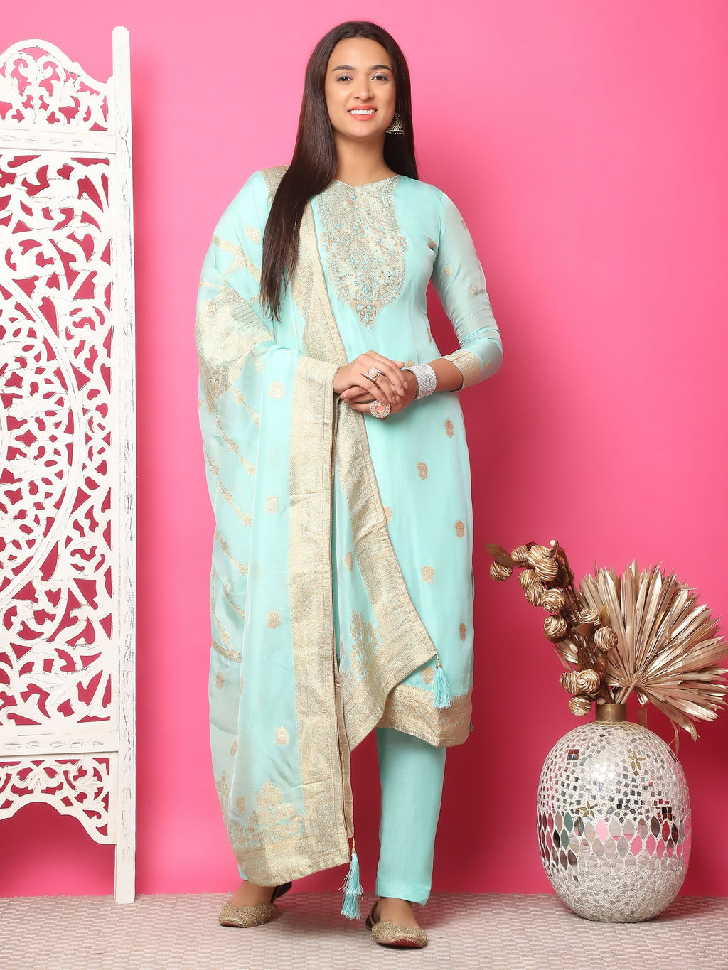 Jyoti Fashion Women's Turquoise Silk Jacquard Woven with Hand Work Salwar Suit Set