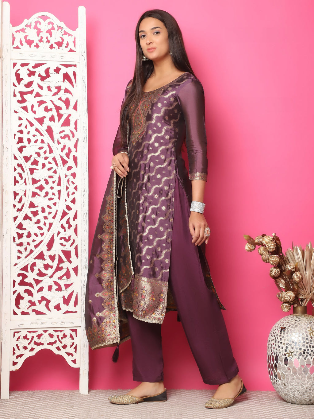 Jyoti Fashion Women's Violet Silk Jacquard Woven with Zari Work Salwar Suit Set