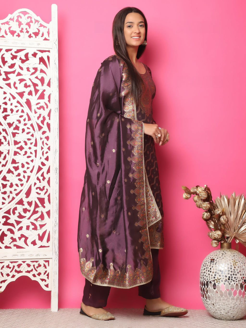 Jyoti Fashion Women's Violet Silk Jacquard Woven with Zari Work Salwar Suit Set
